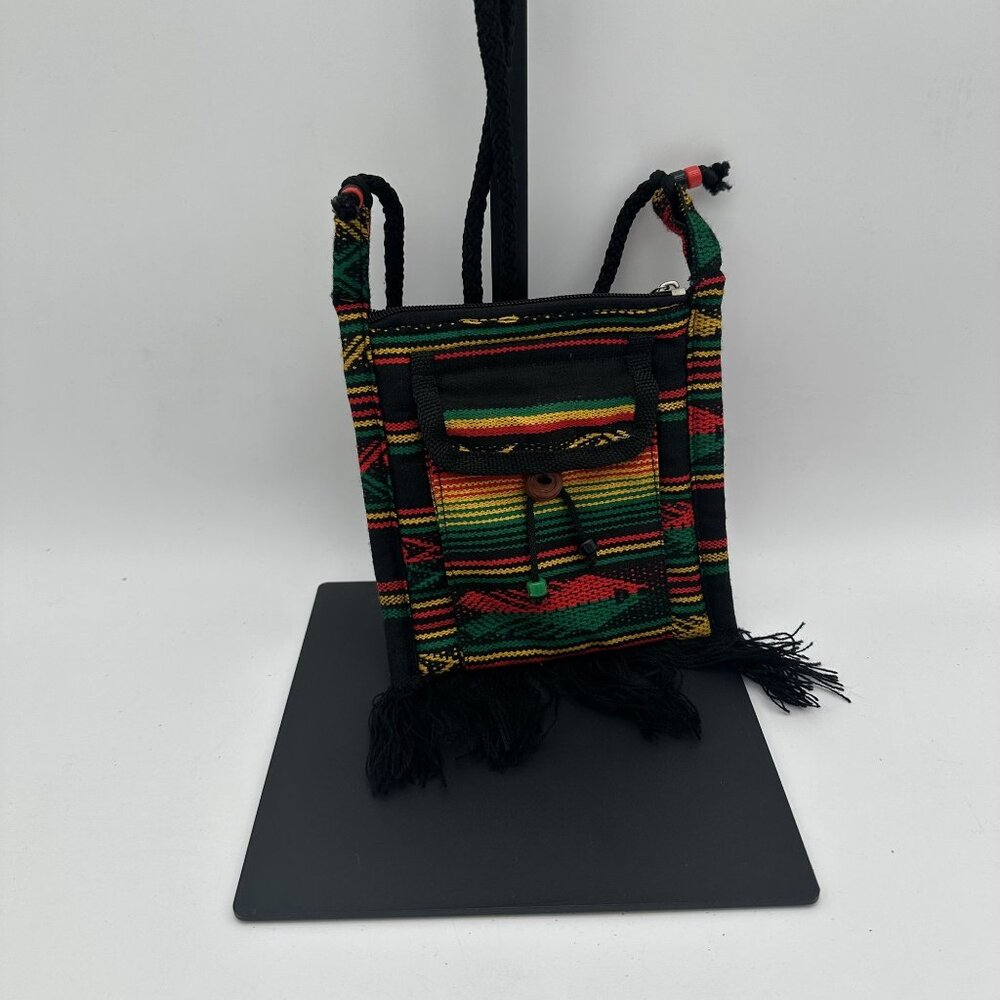 Handwoven Rasta Inspired Mini Messenger Bag With Fringe & Zipper Closure
